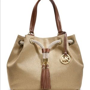 Michael Kors gold canvas woven tote rope handles